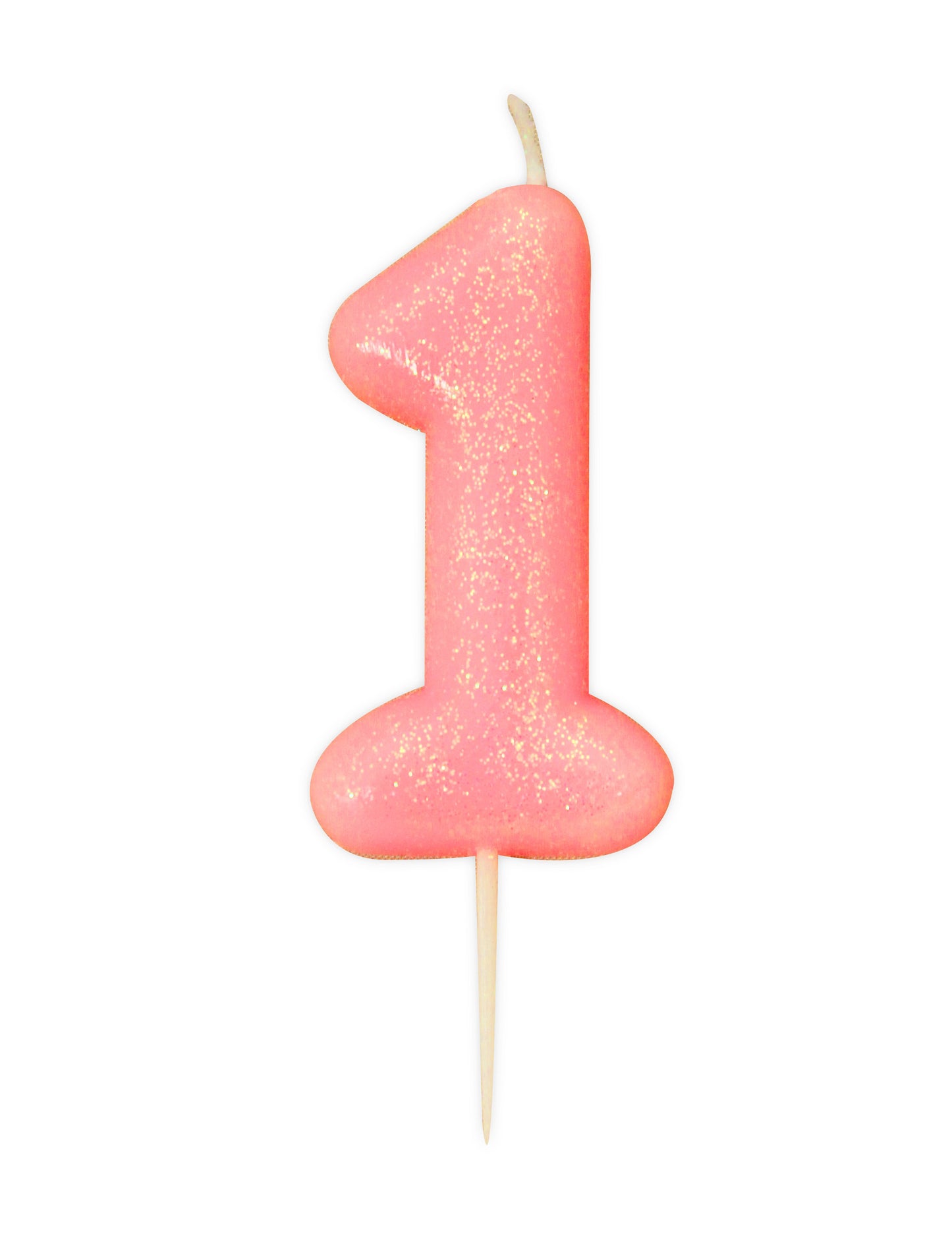 Rožnata biserna svečka v obliki številke 1, 9 cm, posuta z bleščicami