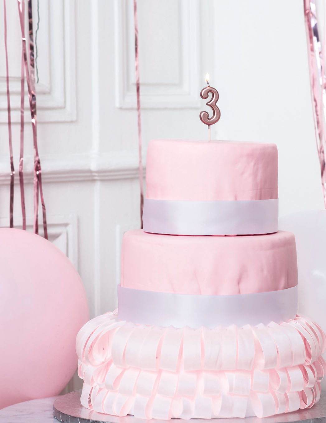 Bougie d'anniversaire chiffre 3 rose gold 4,3 cm métallisée avec pic