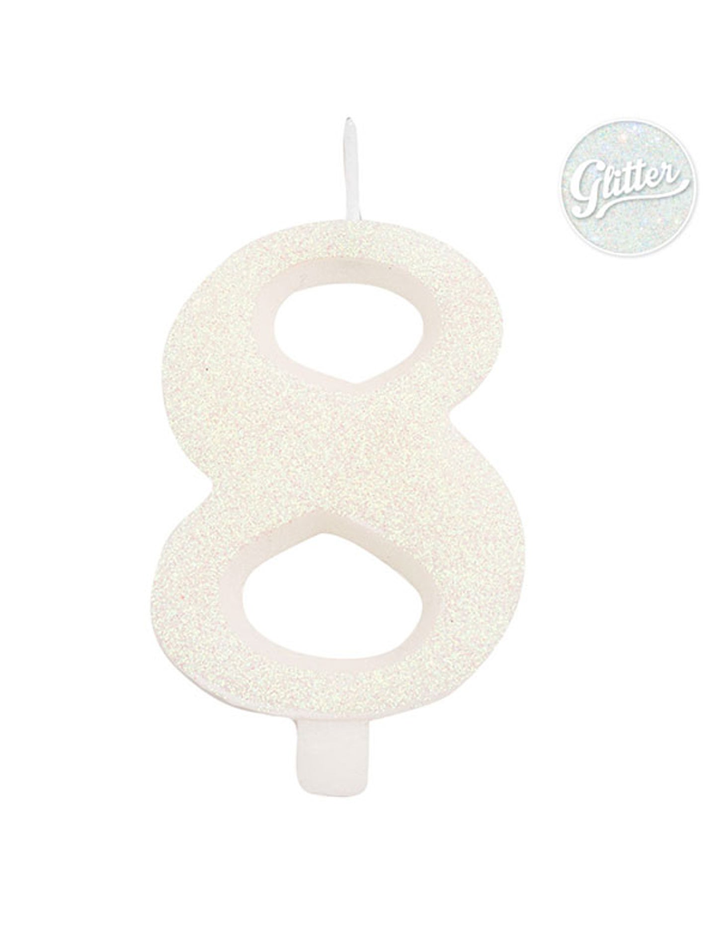 Vue du chiffre 8 de la bougie d'anniversaire pour fête blanche pailletée