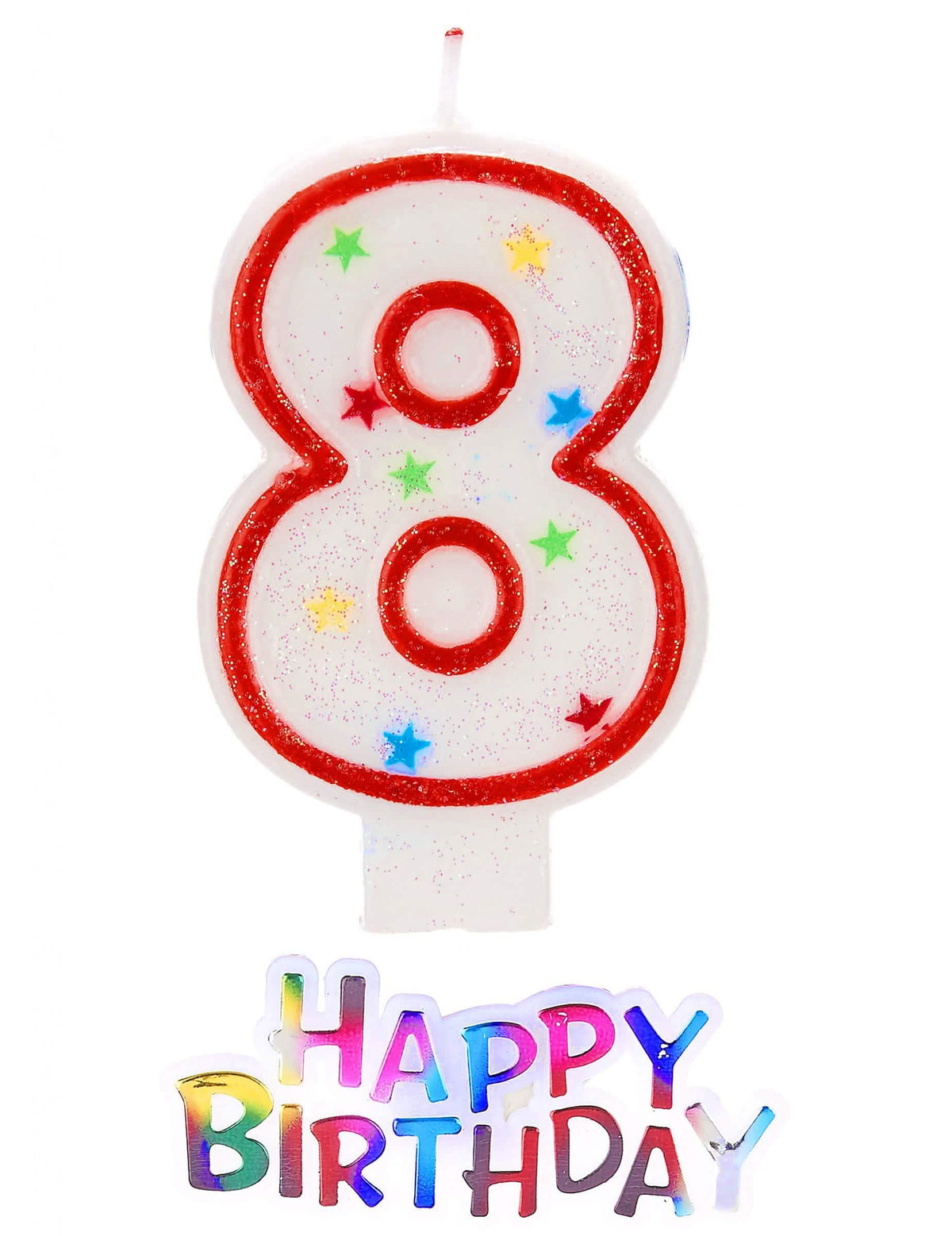 Številčna svečka 8 z zvezdicami za rojstni dan, bela in rdeča z bleščicami in dekoracijo happy birthday