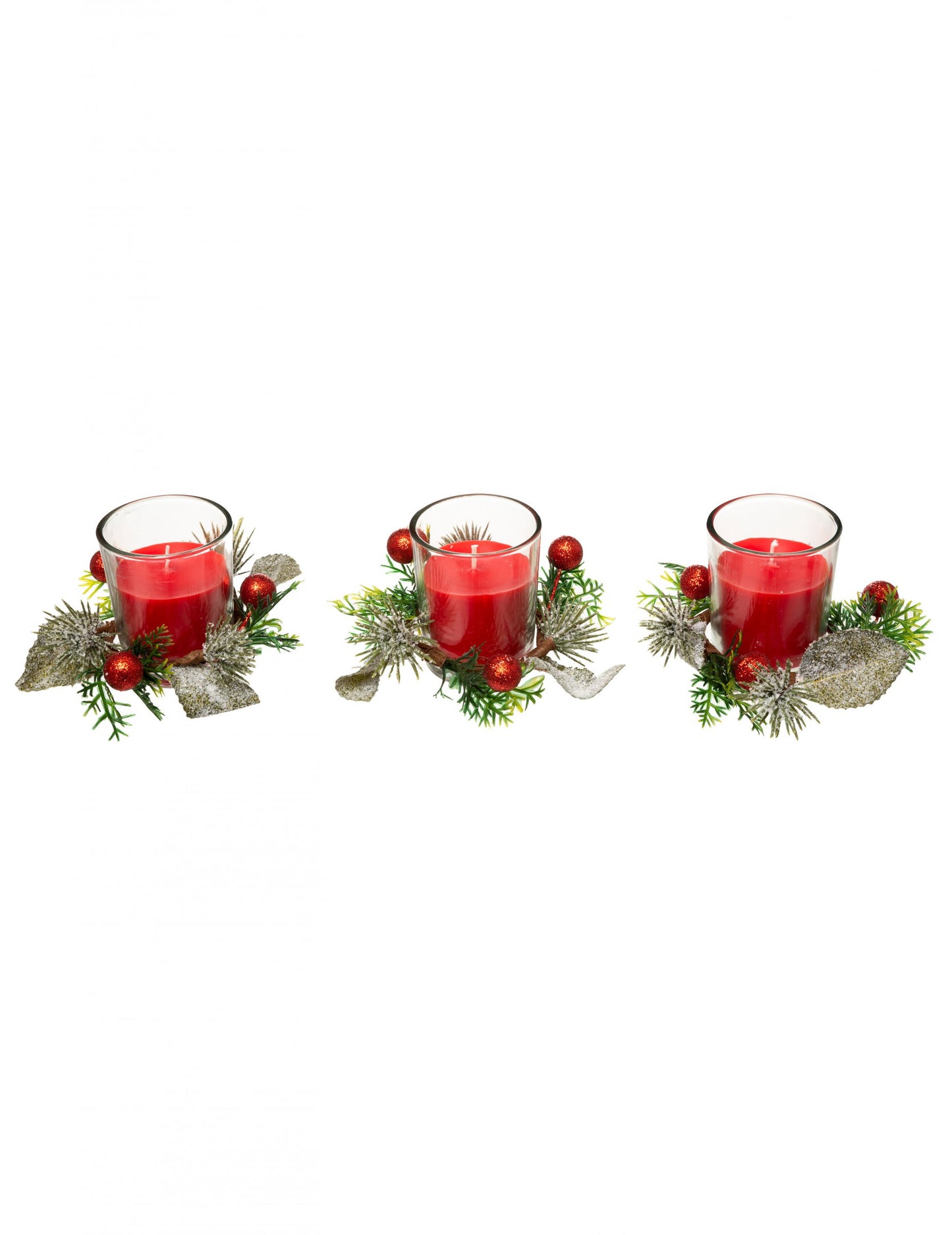 3 rdeče sveče z jelko in jagodami 6 cm