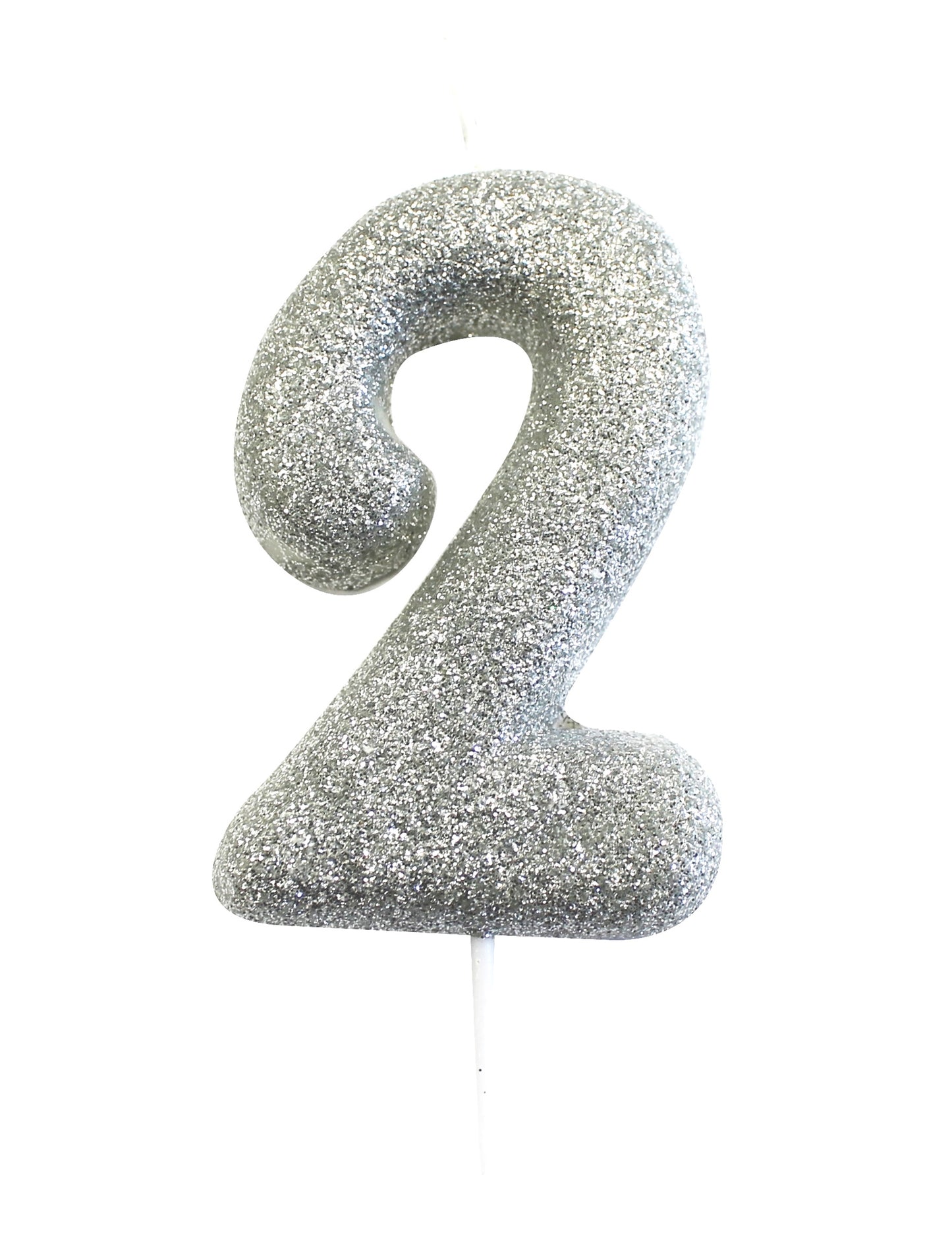 Bougie sur pique chiffre 2 pour gâteau argent pailleté