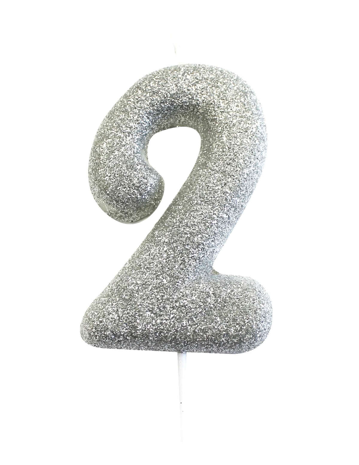 Bougie sur pique chiffre 2 pour gâteau argent pailleté