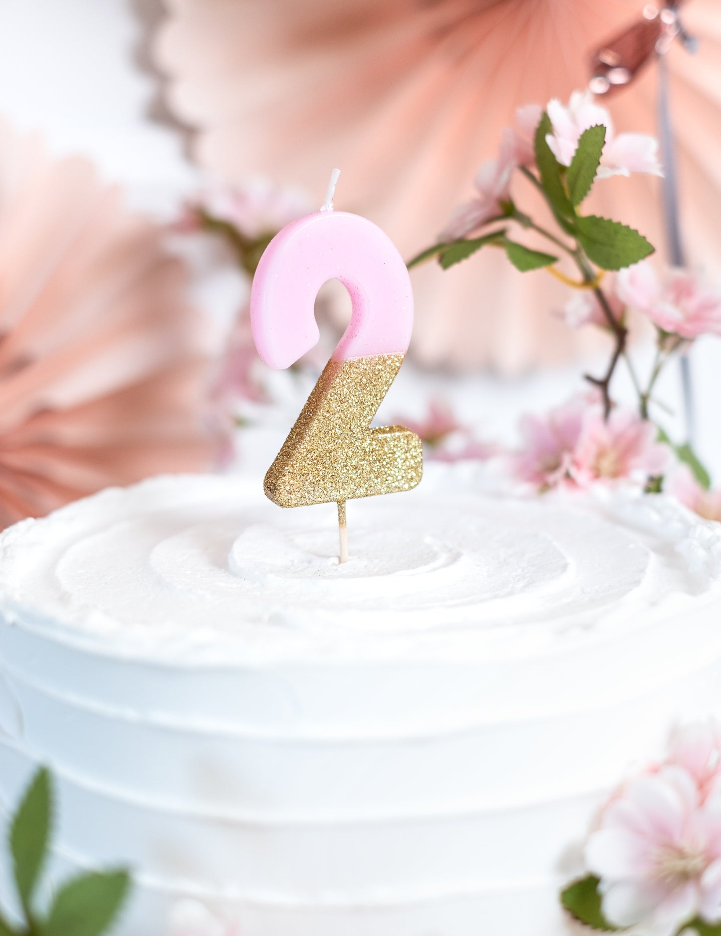 Svečka številka 2 z rožnato in zlato bleščečo barvo na palčki, 13,8 cm za torto