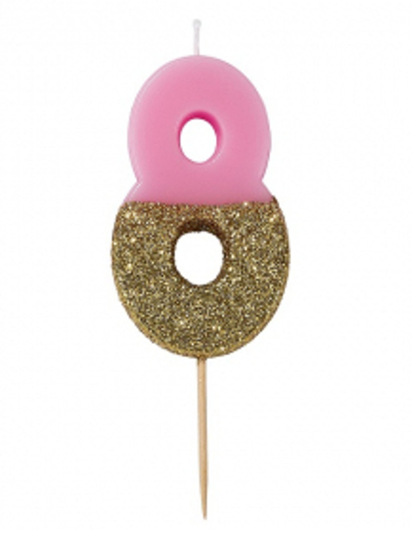Svečka na palčki z rožnato in zlato bleščicami številka 8, 13,8 cm za rojstnodnevno torto