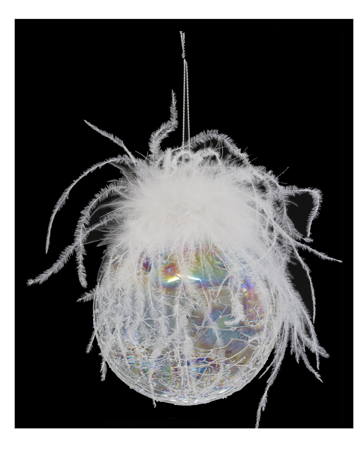 Boule de noël en verre irisée et craquelée avec plumes blanches