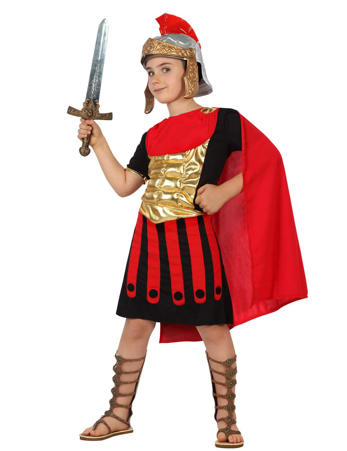 Rimski centurionski kostum za otrok rdeča, črna in zlata s plaščem in čelado