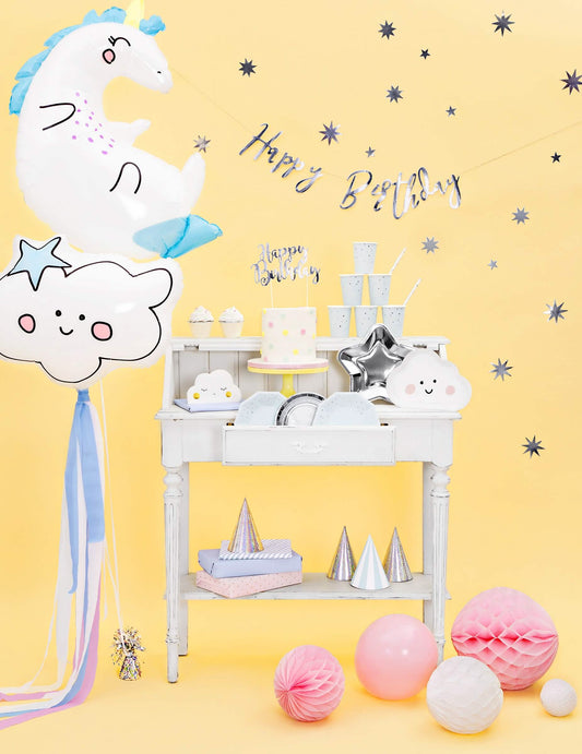 Cake topper en carton Happy Birthday pour gâteau argenté métallisé