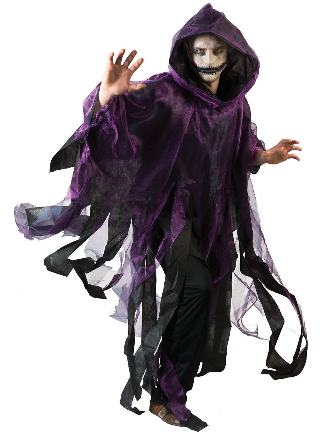 halloween ogrinjalo za odrasli vijolično in črno s kapuco z razcefranimi robovi