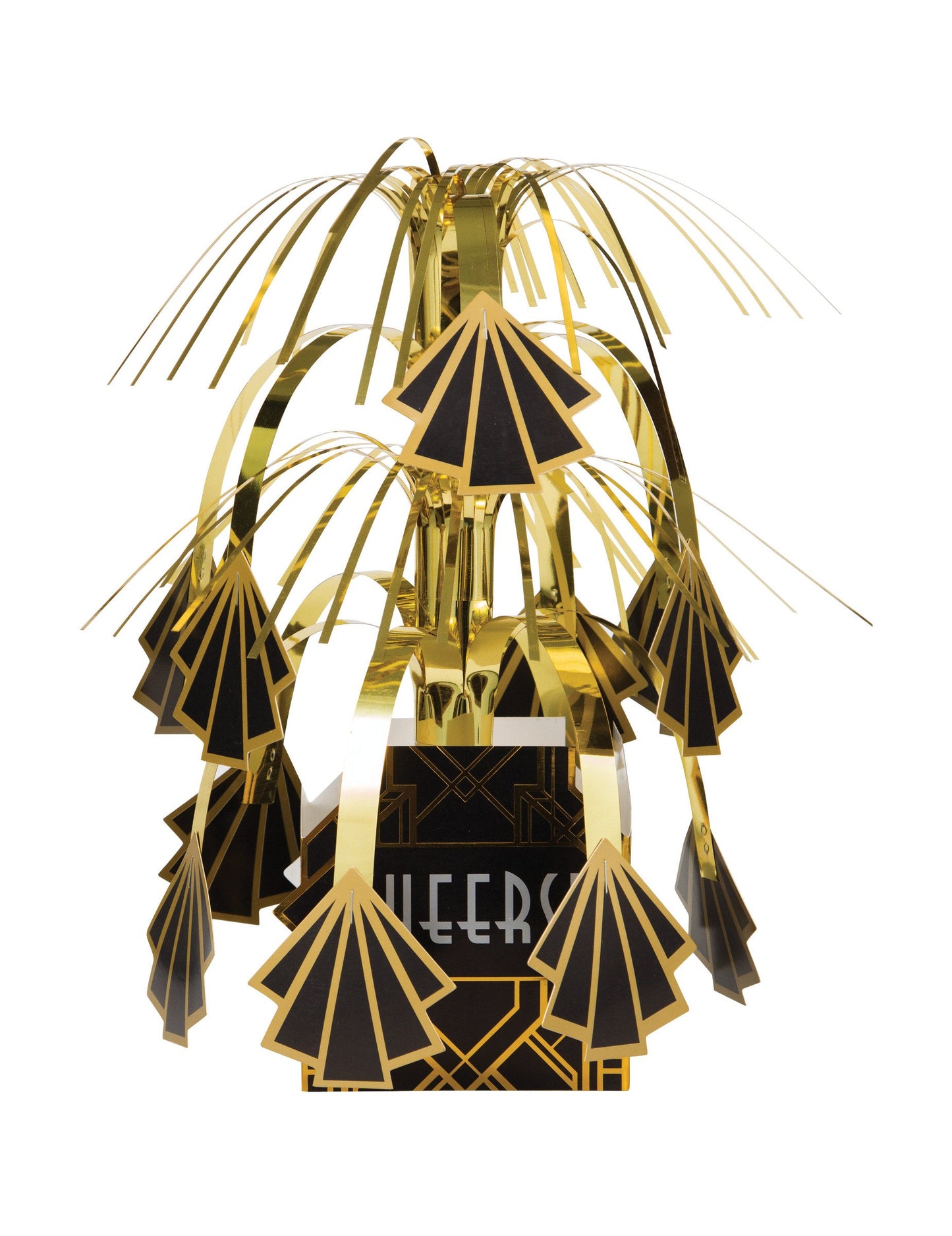 Centre de table cascade années 20 noir et doré avec inscription Cheers