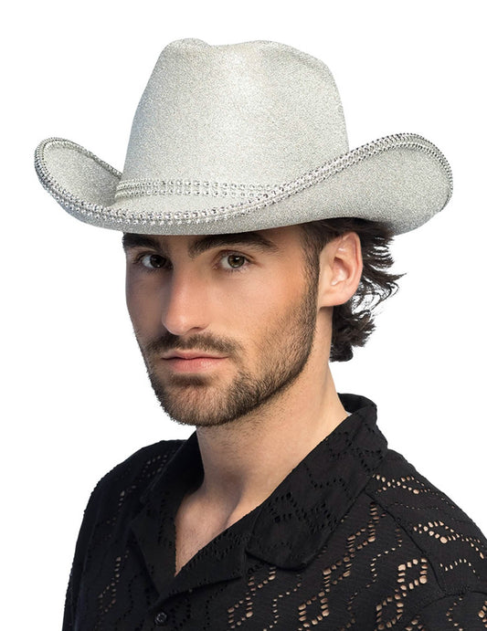 Vue de face du chapeau de cowboy pour adulte à paillettes argentées