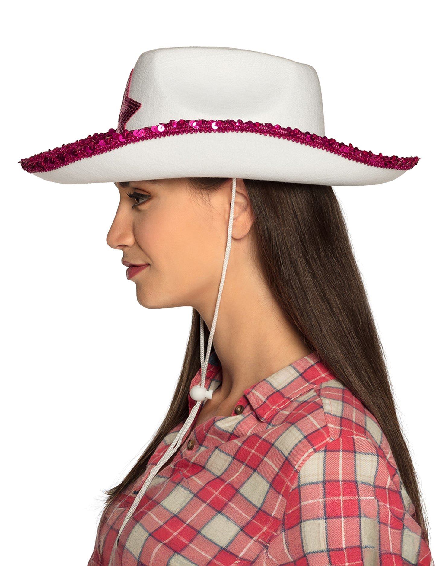 Chapeau de cowgirl blanc avec étoiles à sequins rose