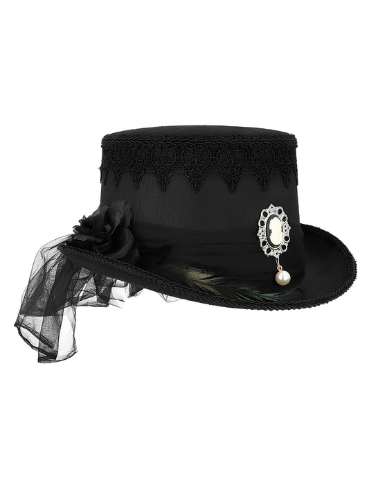 Détail du camée de la fleur et du voile du Chapeau Haut de forme Gothique