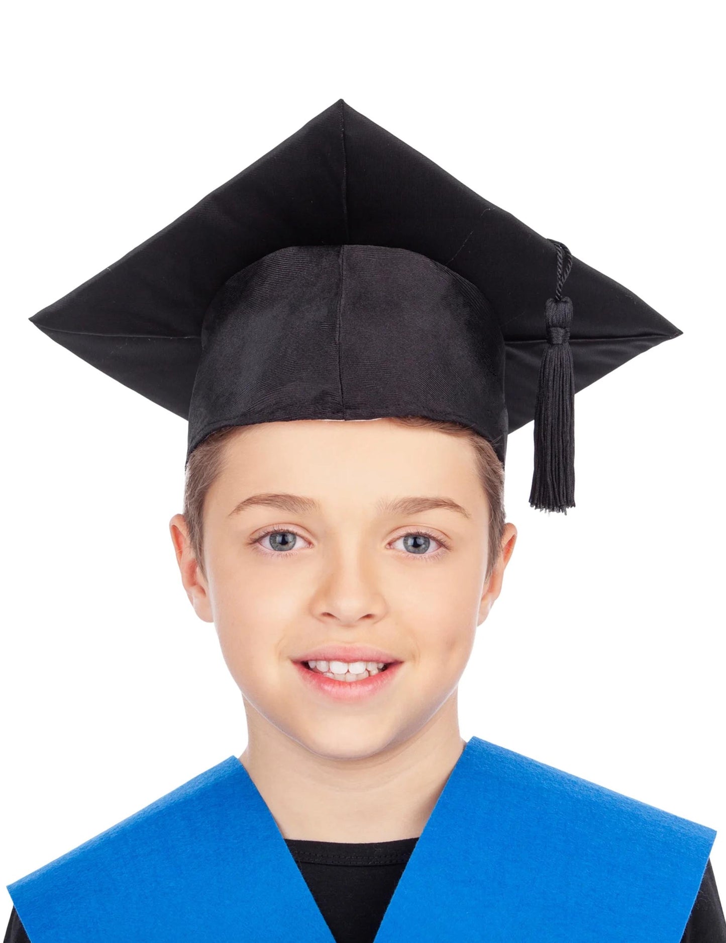 Chapeau de jeune diplômé pour enfant noir avec pompon et col bleu