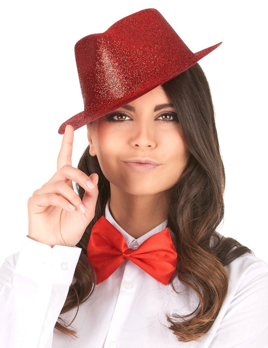 Vue de face portée du chapeau pailleté pour adulte rouge