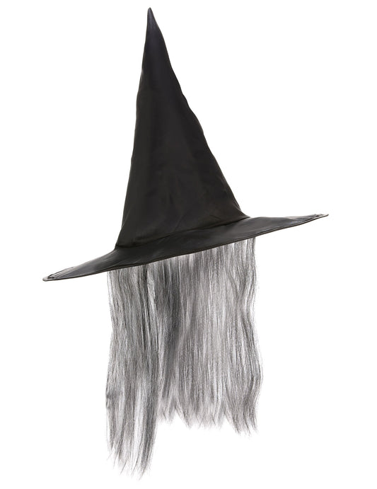 Vue de profil du chapeau de sorcière pour adulte noir avec cheveux gris