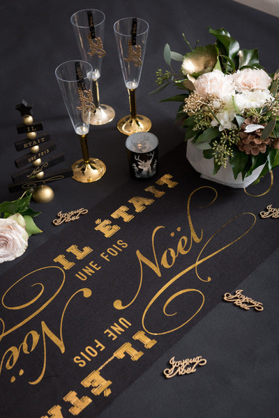 Bombažna preproga za mizo, "Nekoč za božič", črna in zlata, 3 m x 28 cm cm