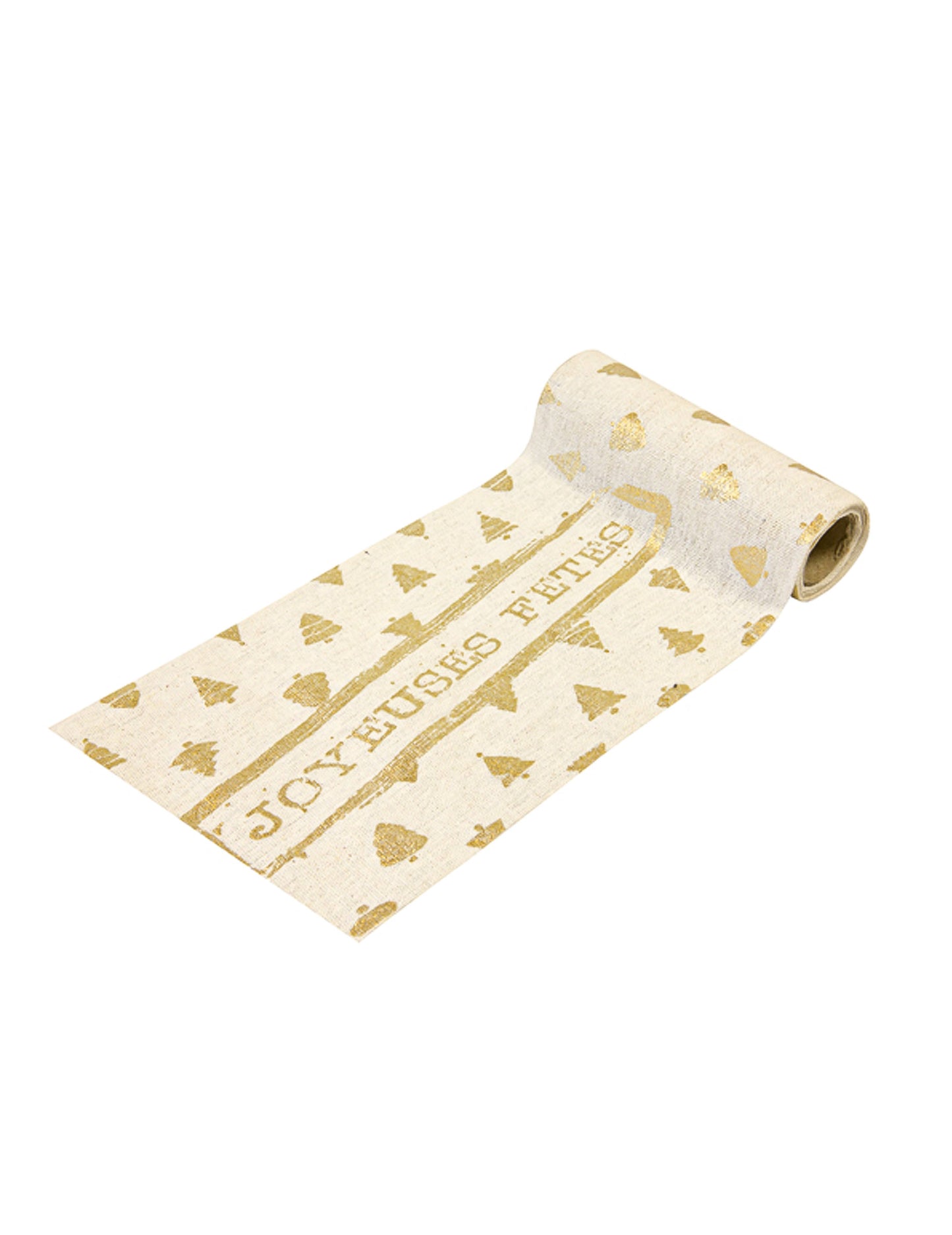 Prtljažnik za mizo Vesele praznike iz naravnega zlatega platna, 4 m x 14 m cm Motivi božičnega drevesca