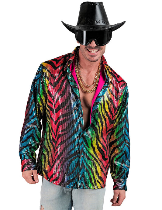 Vue de face avec accessoires de la chemise à sequins tigrée arc en ciel