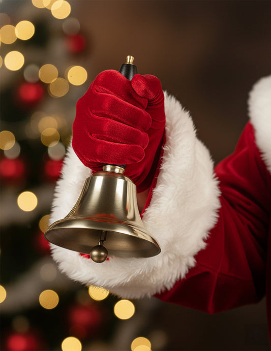 Gros plan sur la cloche tenue par une main gantée de la Cloche du Père Noël de luxe pour adulte