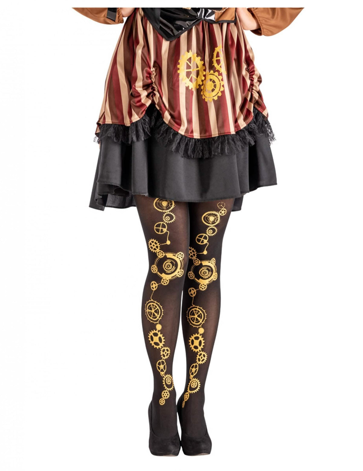 Nogavice steampunk za ženska črna z vzorci zlatih zobnikov