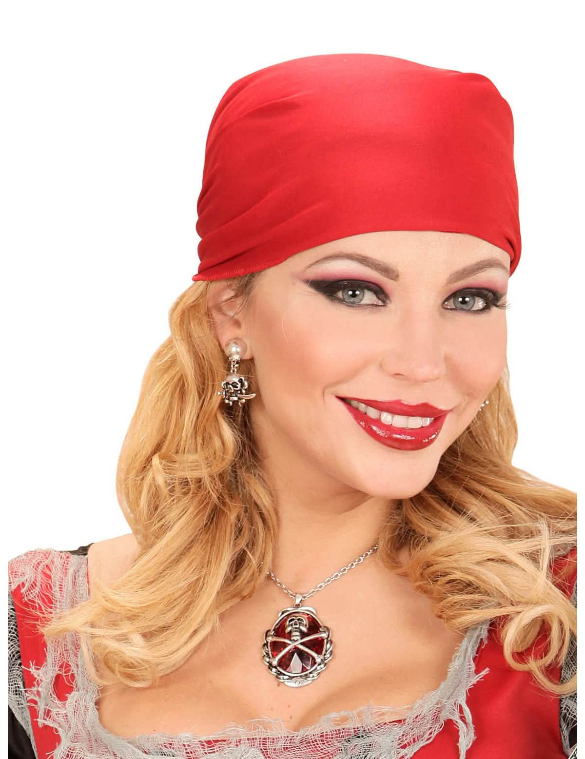 piratska ogrlica za žensko z rdeča dragim kamnom in medaljonom s piratsko lobanjo