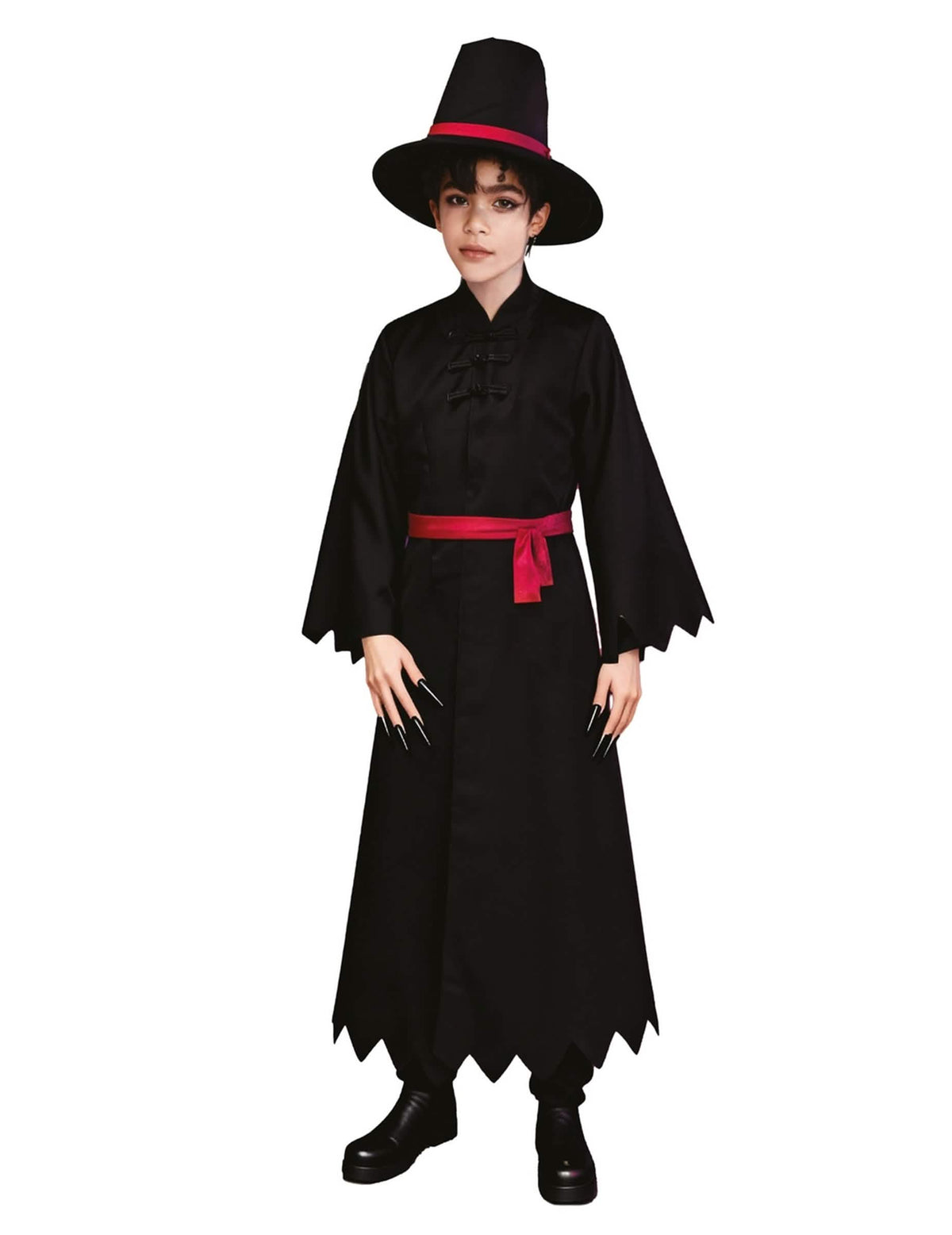 Costume démon kpop pour enfant noir avec ceinture rouge et chapeau pointu