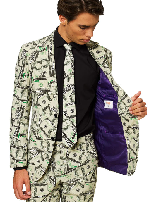 Détail de la doublure intérieure violette du costume Mr. Cashanova pour homme
