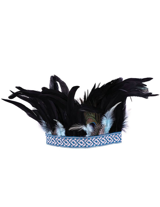 Détail des plumes et du bandeau de la couronne à plumes Aztèque pour adulte