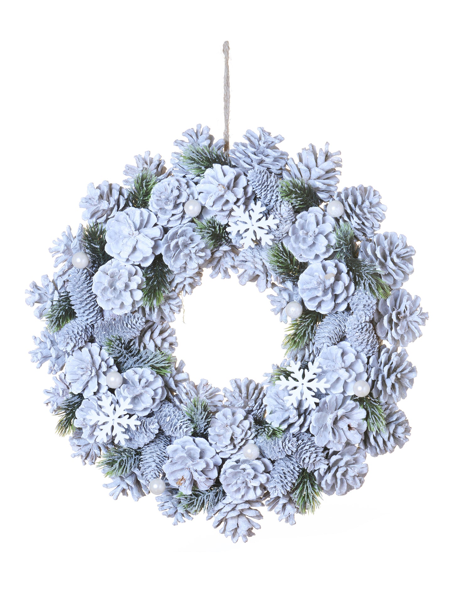 Božični venec s posneženimi storži in jabolki 35 cm