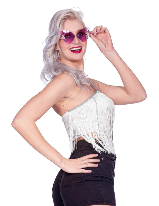 Beli festivalski crop top s franžami za ženske