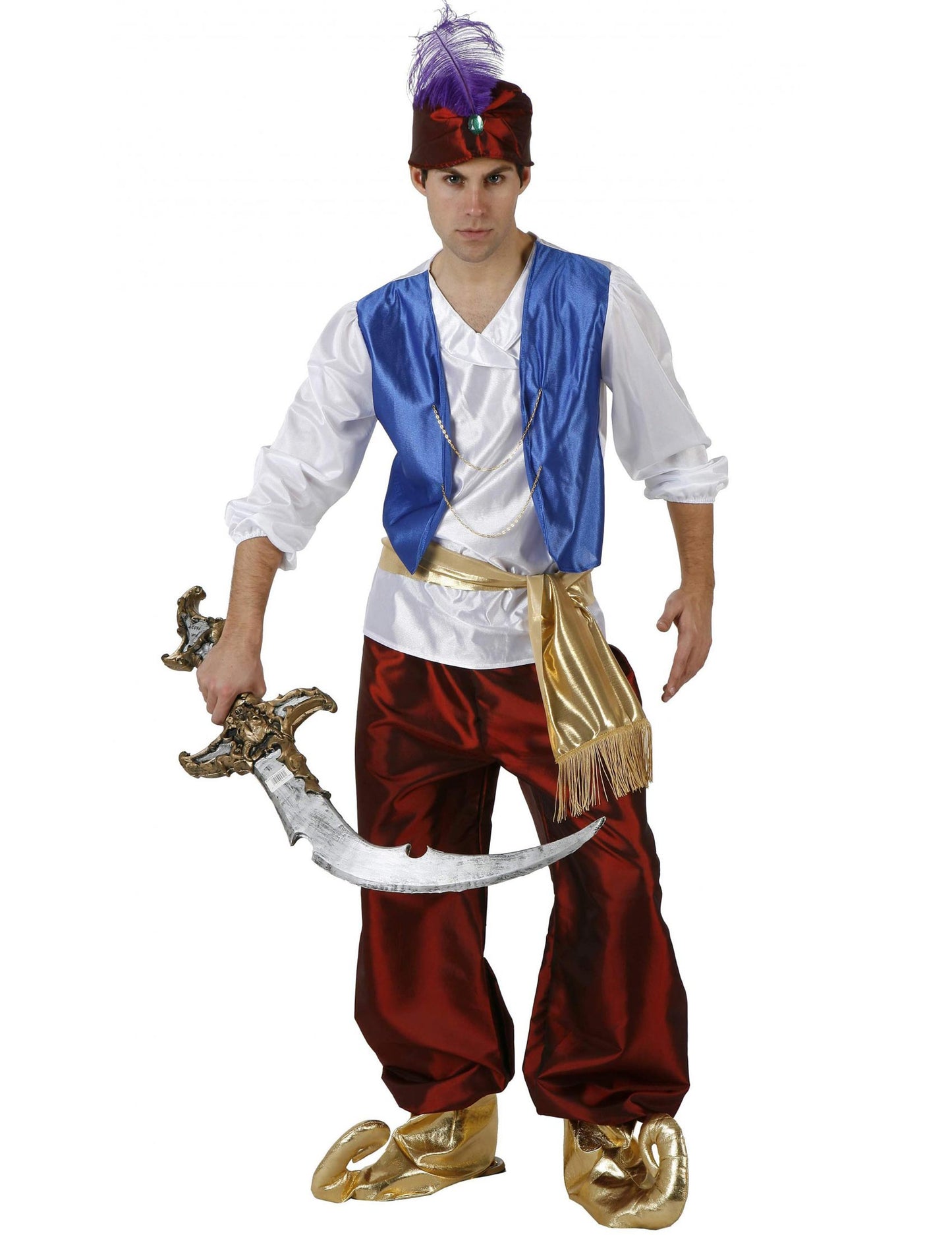 Arabski princ kostum za moške v modri in rdeči barvi s pernatim turbanom