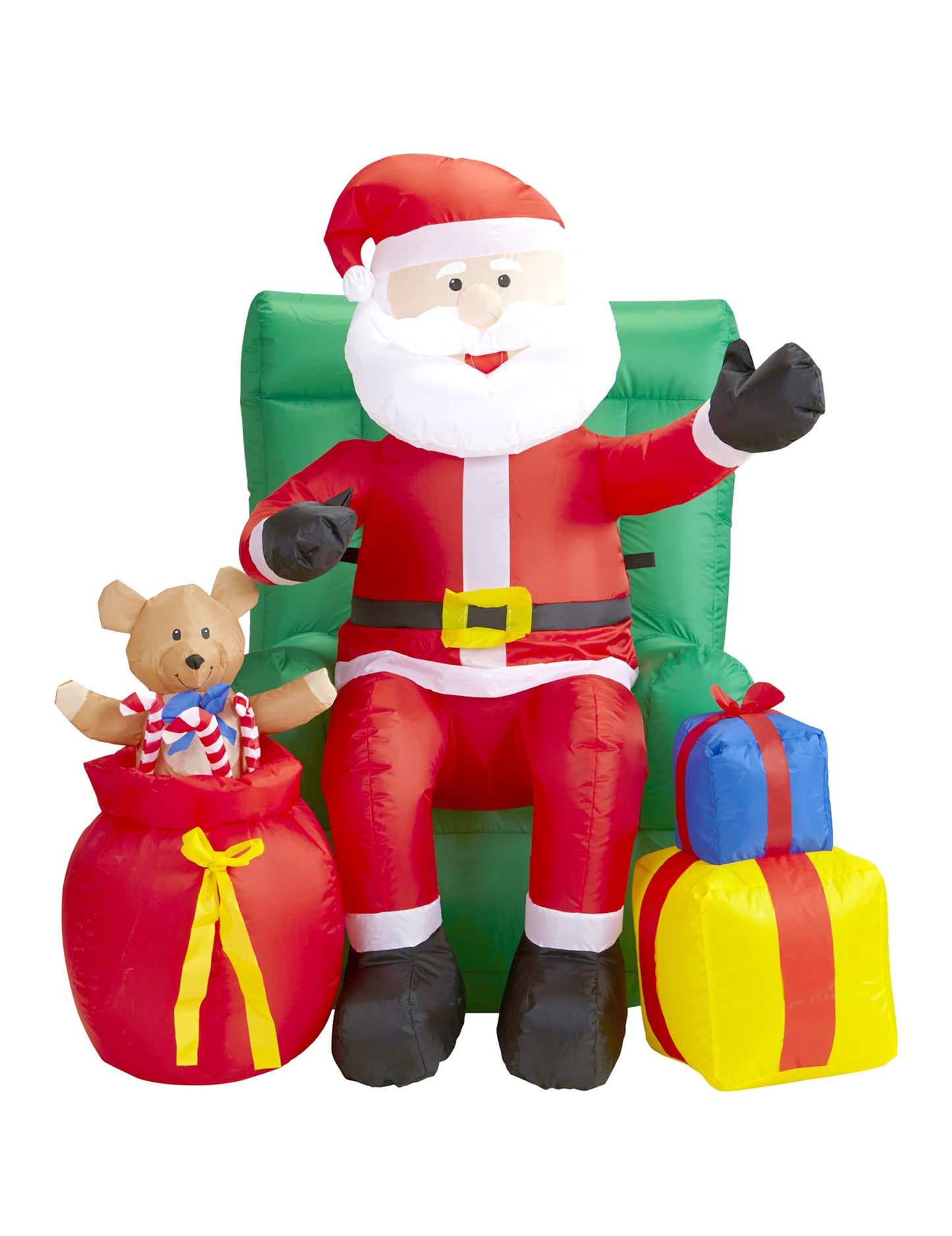 Napihljiva animirana dekoracija Božiček, ki sedi z darili 122 cm