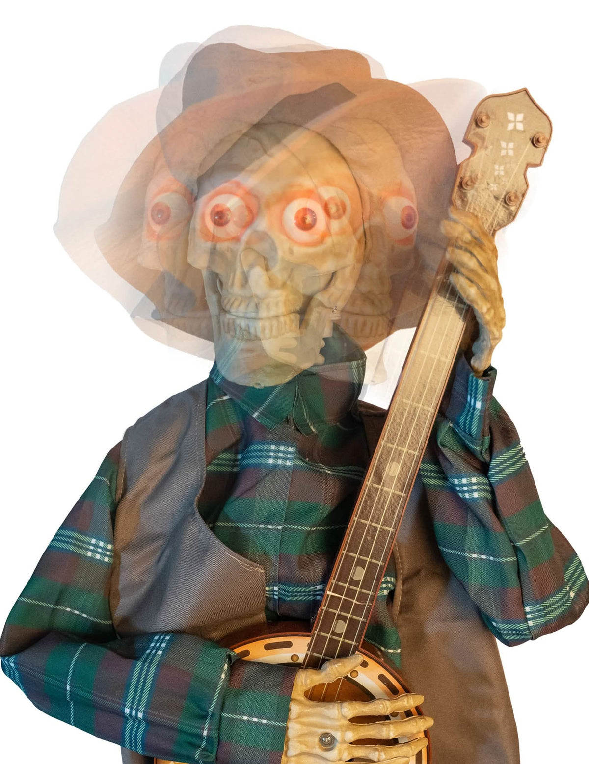 Animirana dekoracija strašljivega skeletnega glasbenika, ki igra banjo, z zvoki in gibi, 31 x 27 x 98 cm