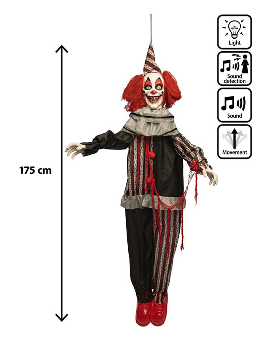 Viseča animirana dekoracija zlobni klovn z smehom in gibi 175 cm