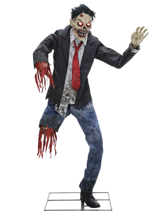 Animirana dekoracija zlomljenega zombija z zgibnimi rokami, zvokom in lučmi, 1,8 m