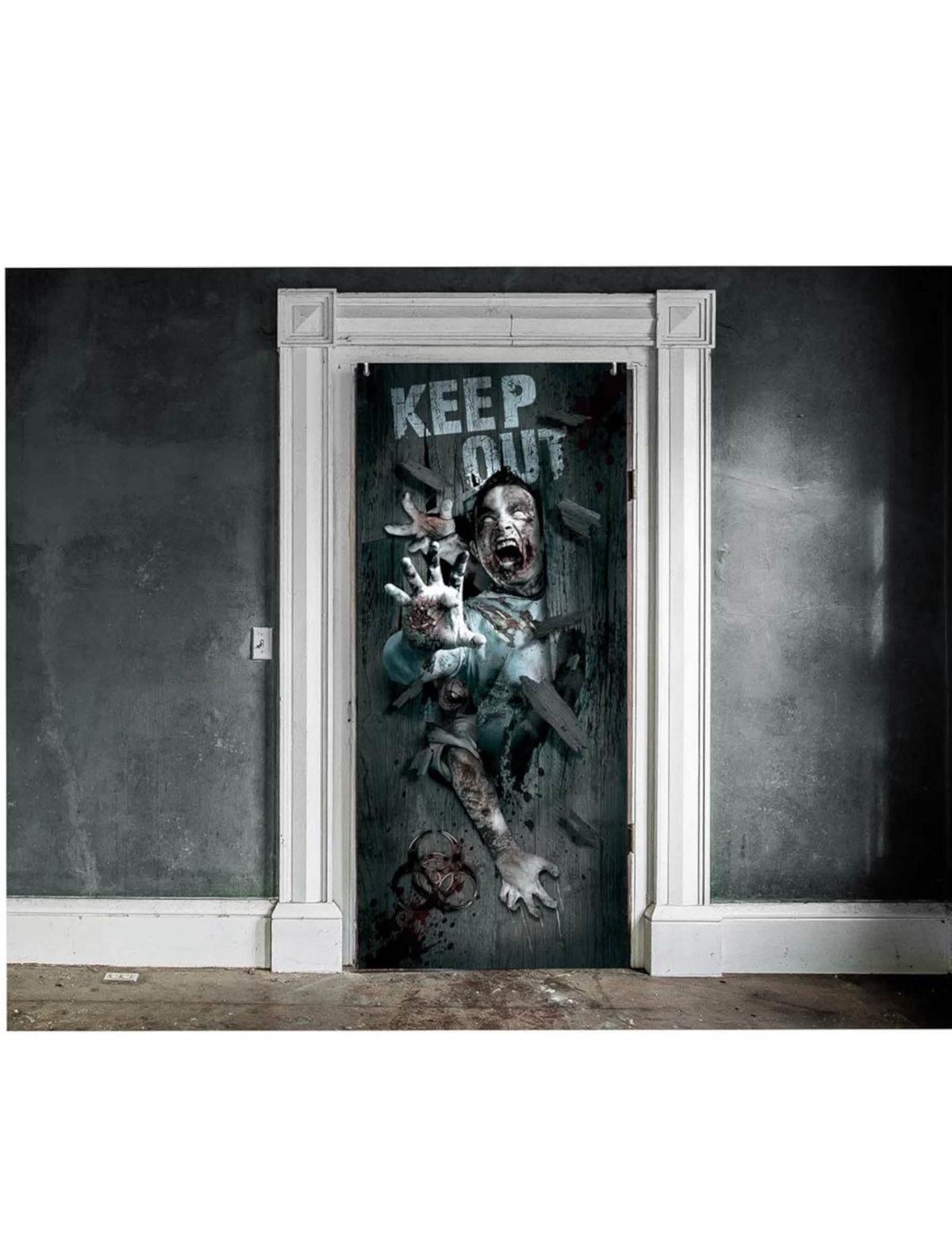 Dekoracija za vrata za halloween, sivi zombiji z napisom Keep Out in krvavimi rokami