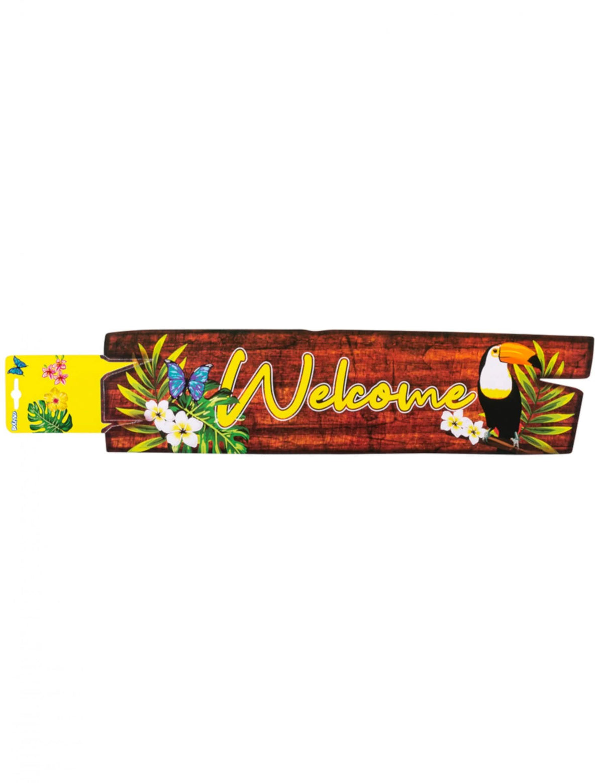 Stenska dekoracija welcome toucan z učinkom lesa s tropskim cvetjem in metulji