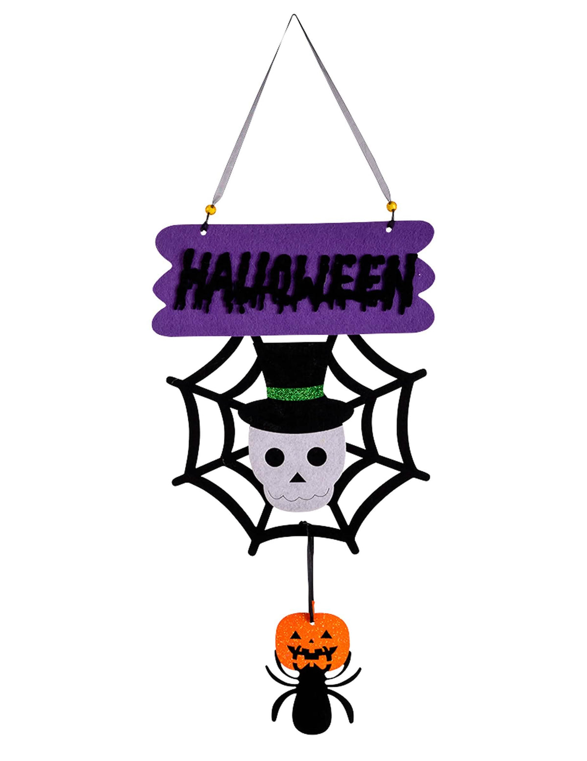 Majhna dekoracija skelet za halloween v vijolični in črni barvi s pajkovo mrežo in bučo