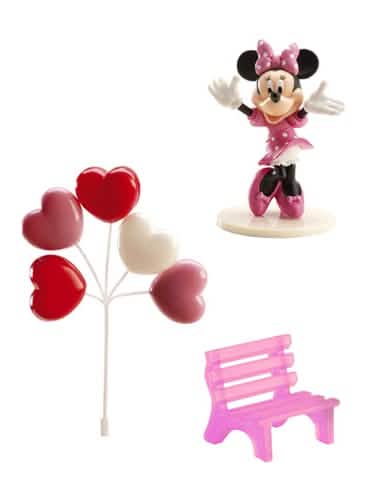 Komplet dekoracij za Minnie torte s figurico, roza klopjo in srčnimi baloni