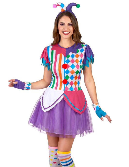 Harlequin kostum barviti pompomi ženska