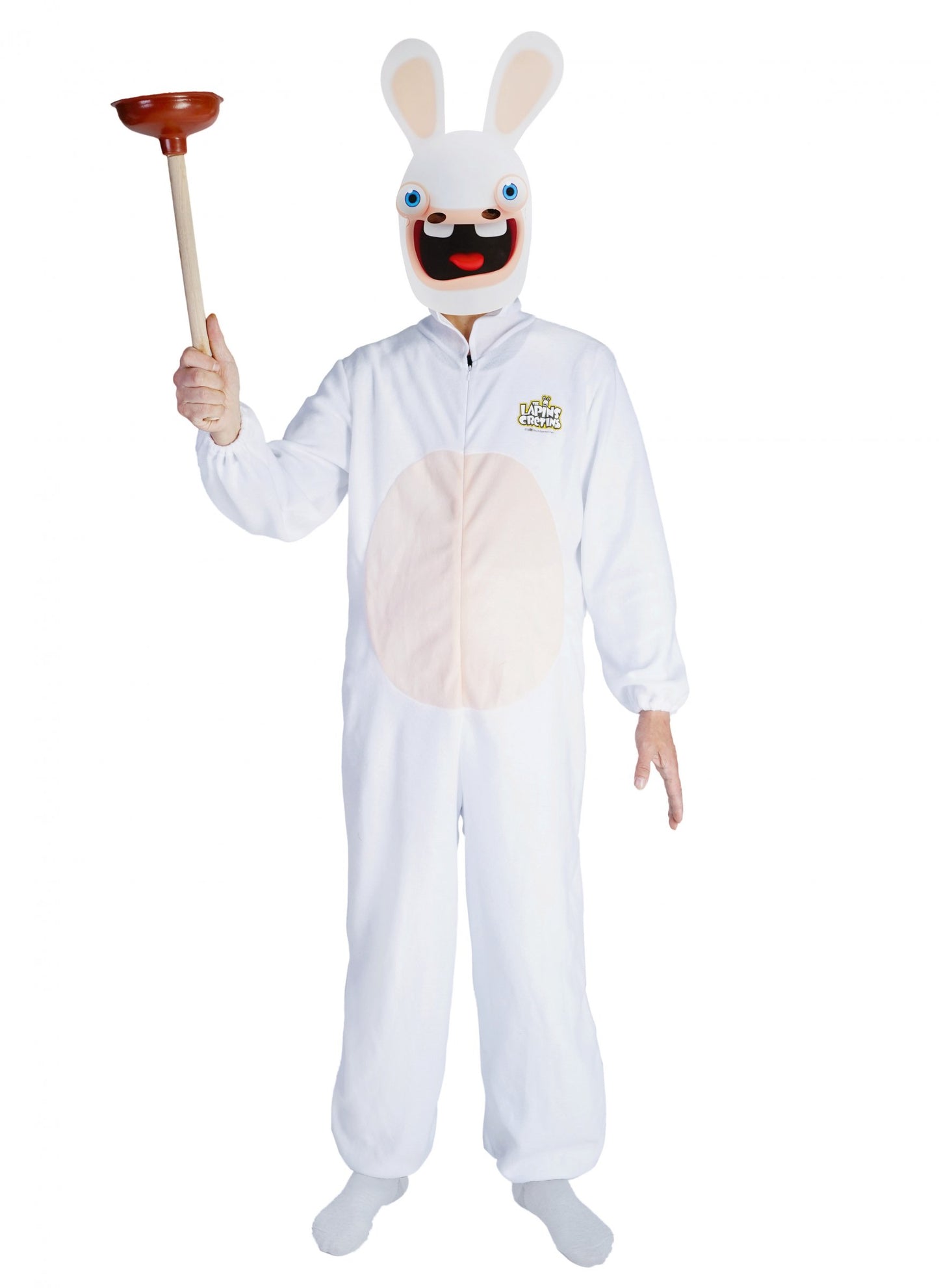 Déguisement avec masque Lapins Cretins pour adulte blanc avec ventouse