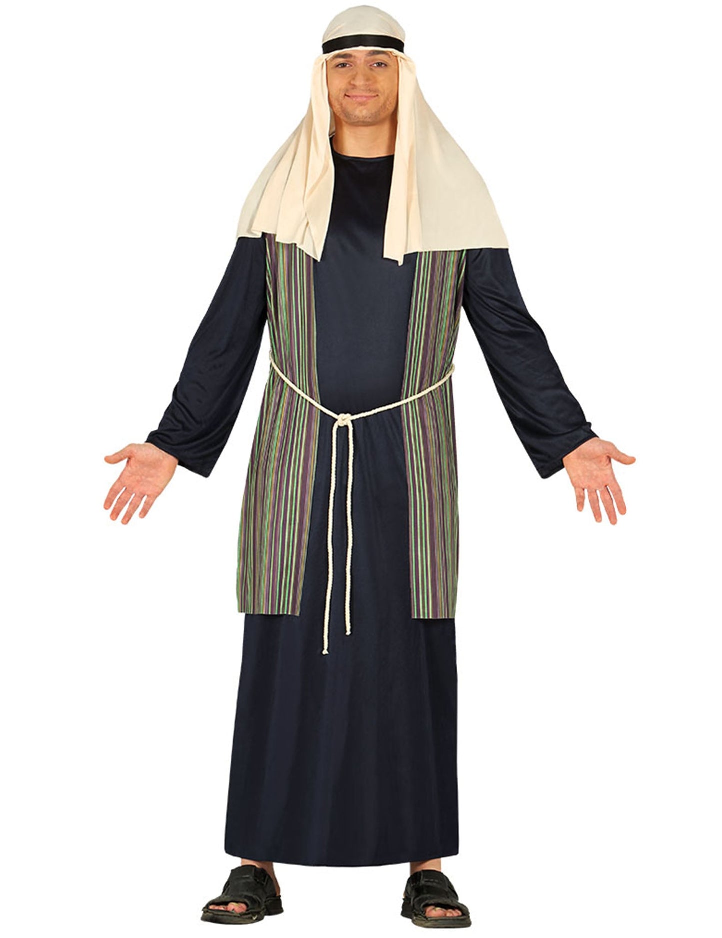 Déguisement de berger pour homme bleu avec gilet à rayures et coiffe