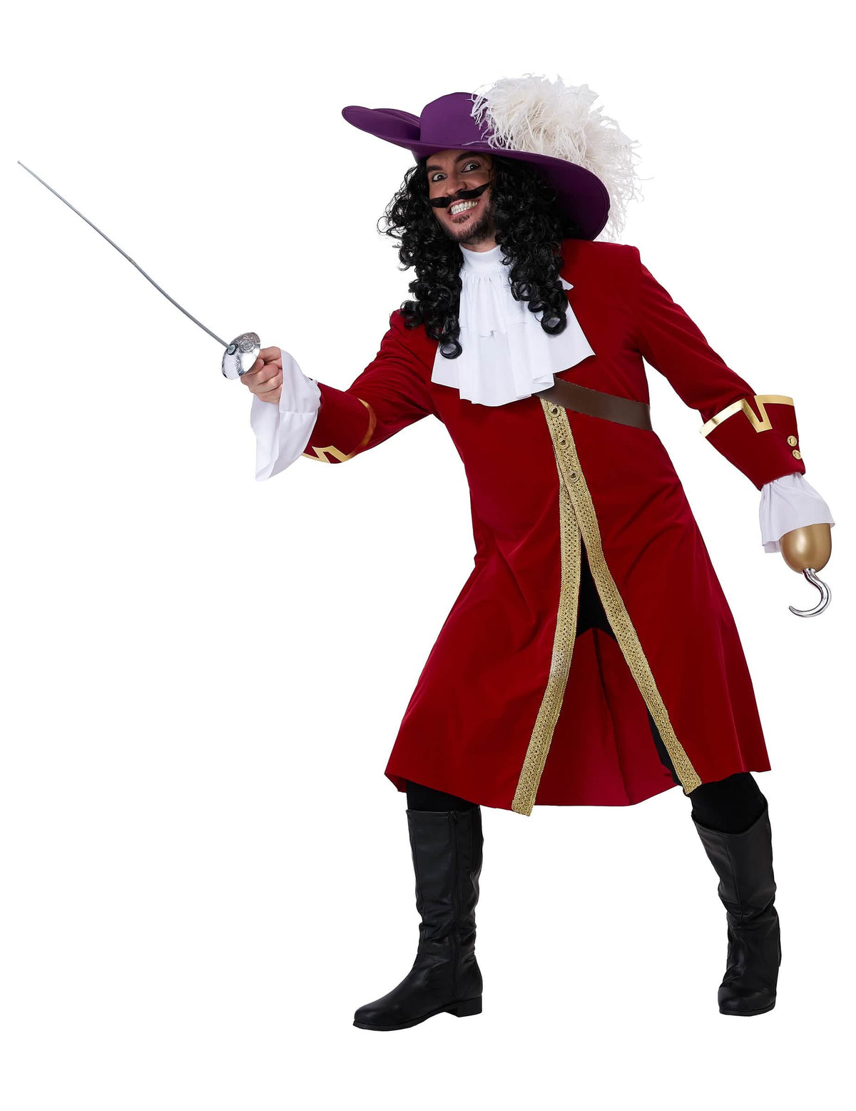 Akcijska poza z mečem kostuma piratskega kapitana s kavljem luksuz