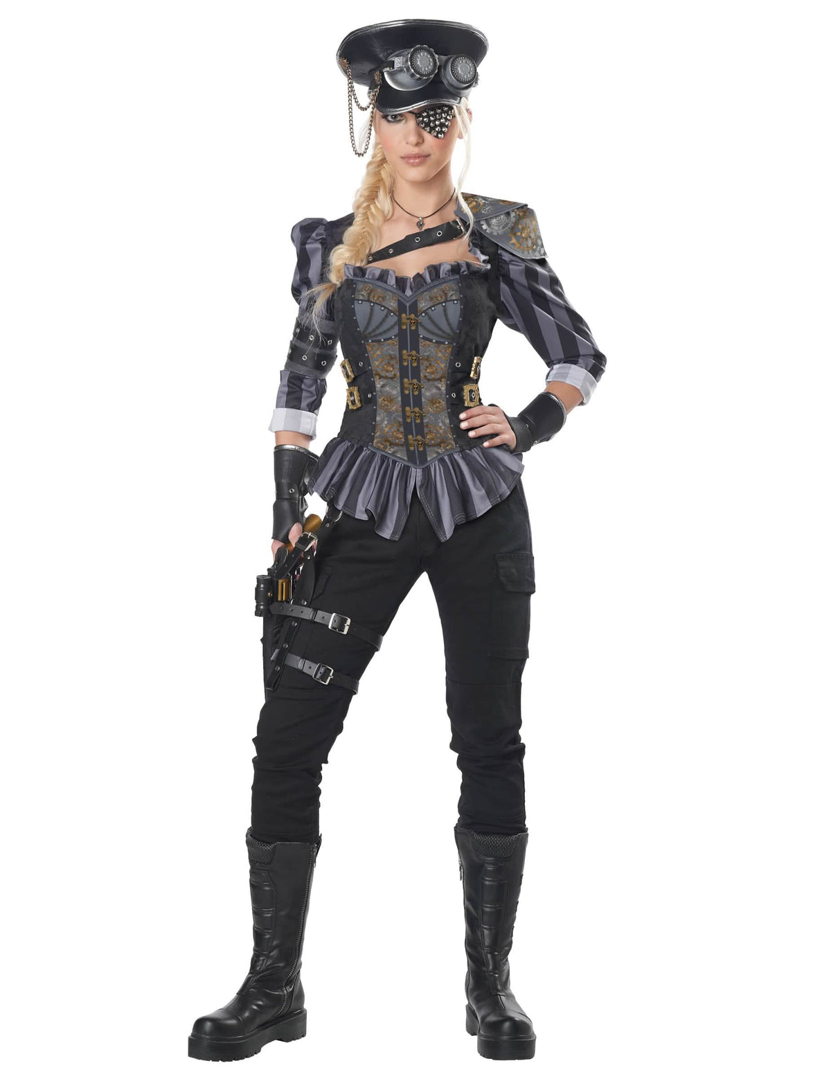 Prestižna steampunk pustna preobleka za ženska črna in siva z korzetom in klobukom
