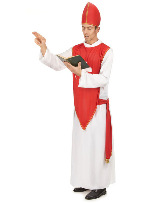 Vue de profil avec livre du déguisement cardinal pour homme