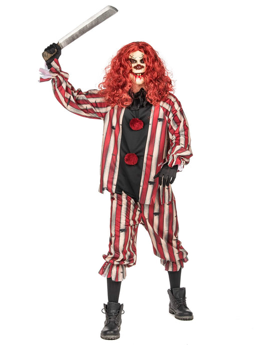 Vue de face avec machette levée du déguisement de clown démoniaque luxe
