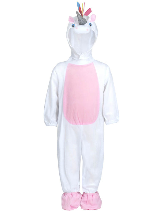 Vue de face du déguisement combinaison avec capuche licorne pour bébé