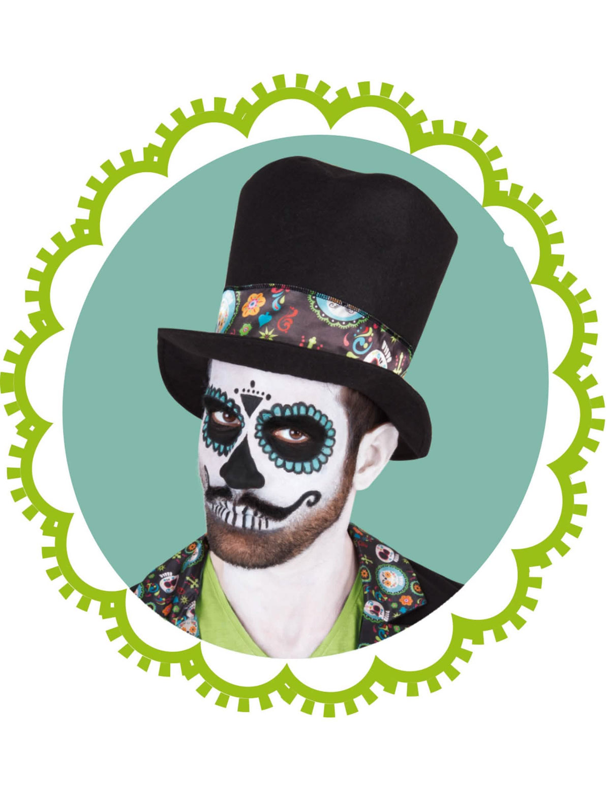 Bližnji posnetek šminke in cilindra kostuma Dia de los muertos za moškega