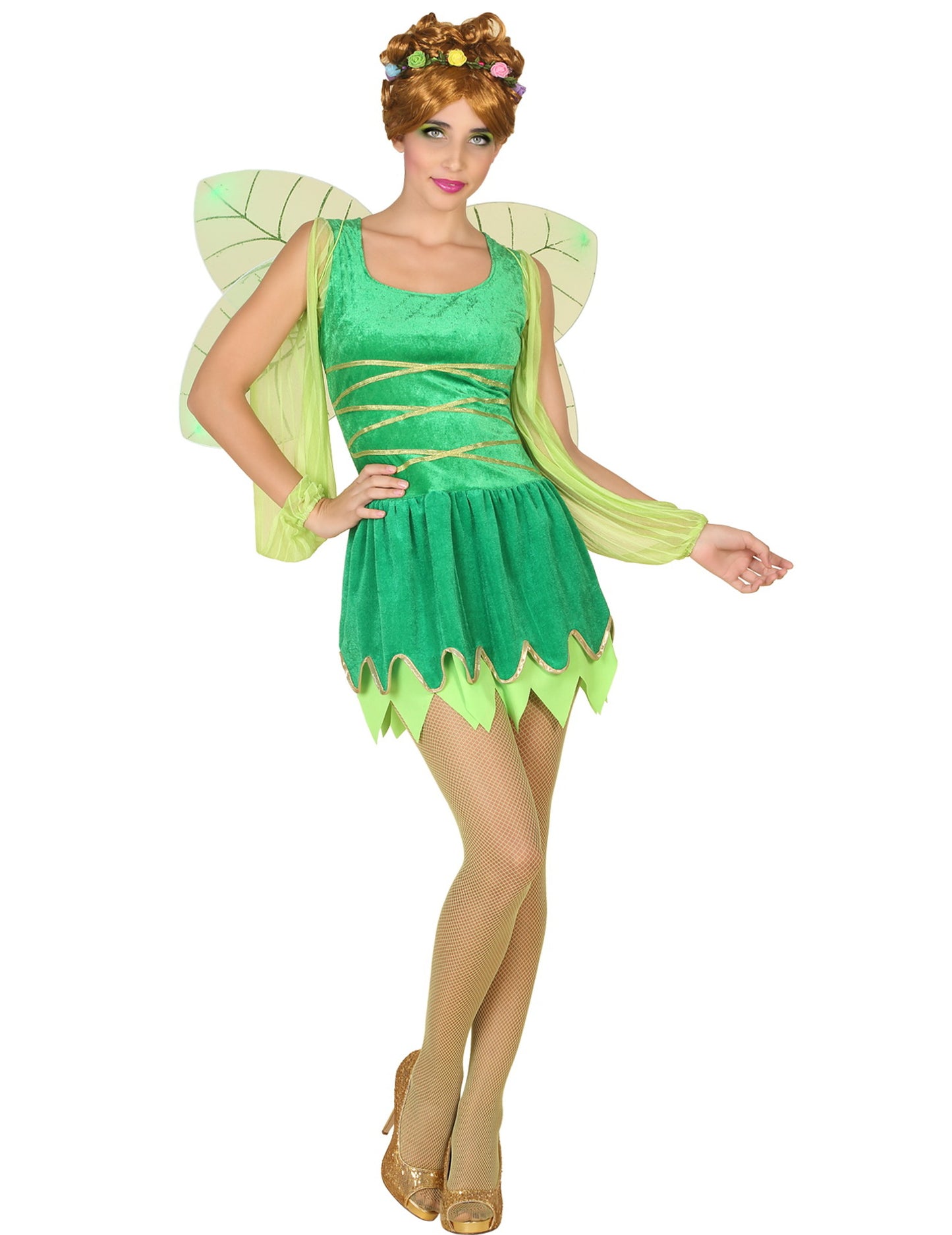 Déguisement de fée sexy pour femme vert avec ailes et liserés dorés